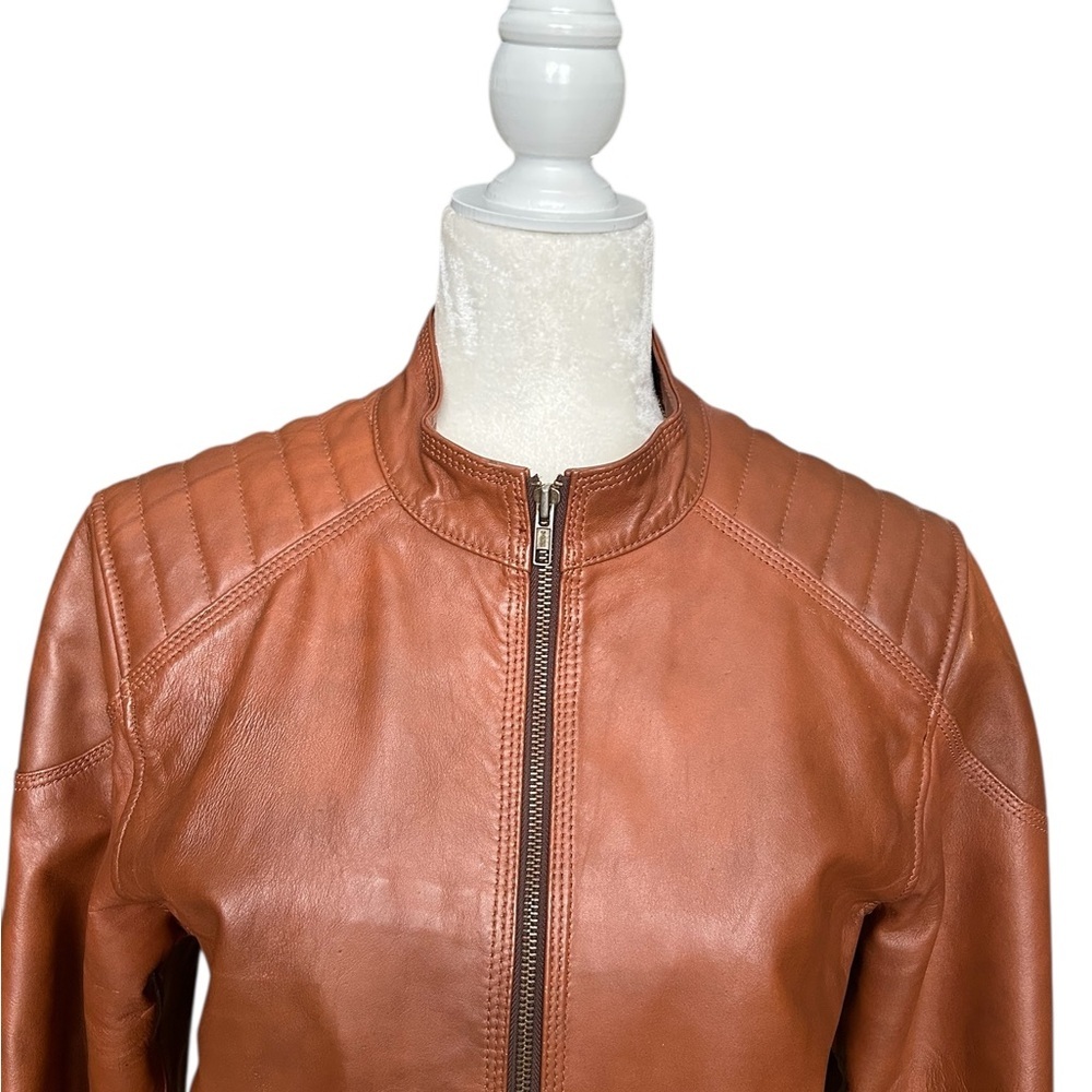 Zara Unisex Biker Leather Jacket – Tan/Cognac, Size Small Like New - Picture 2 of 14